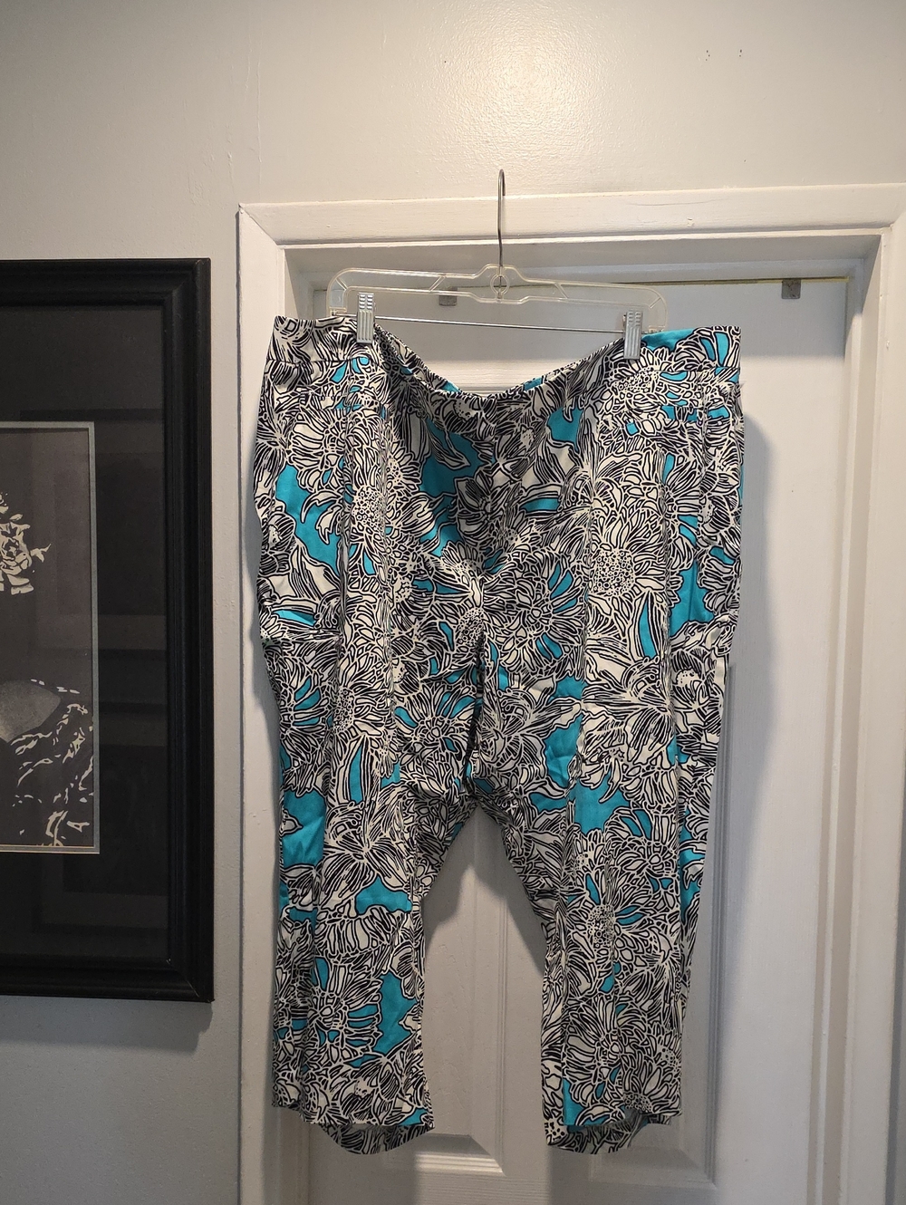 Ashley Stewart Turquoise Black White Floral Pants